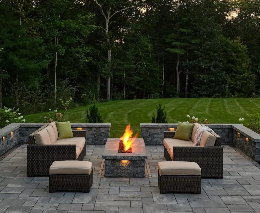 outdoor fire pit and stone patio design in Dedham, MA